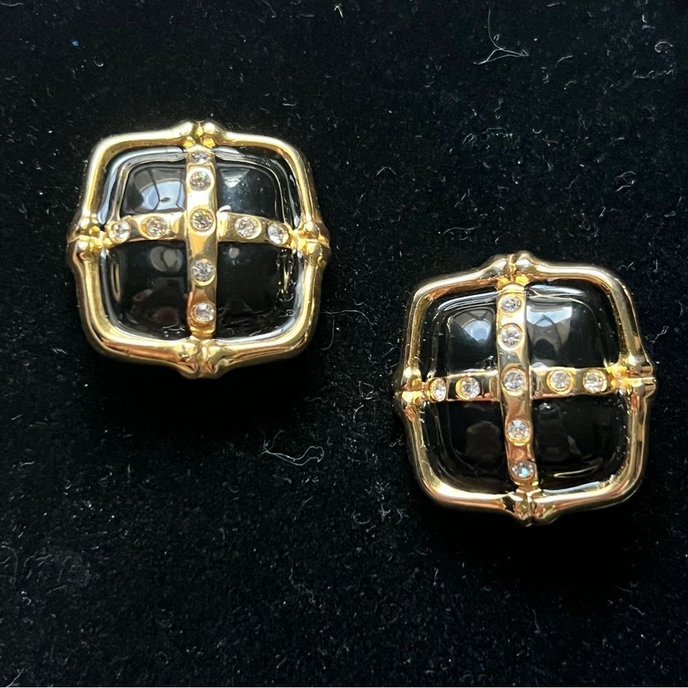 Premier Designs 80s Gold Black Enamel Crystals Square Clip On Earrings Classic